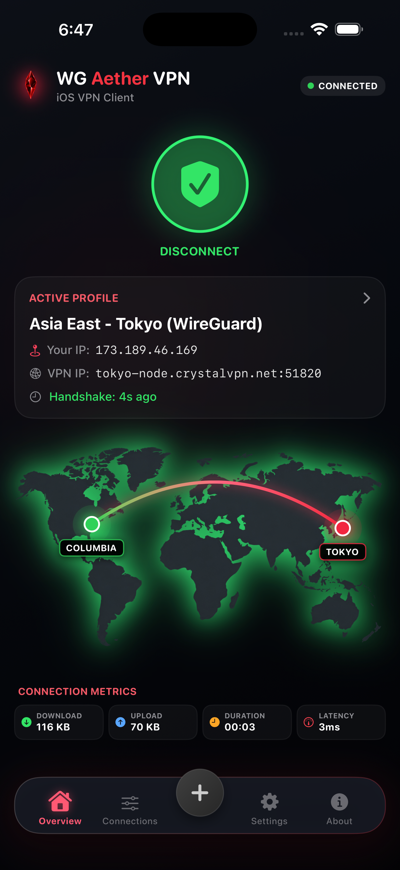 WG Aether VPN iOS Home Dashboard